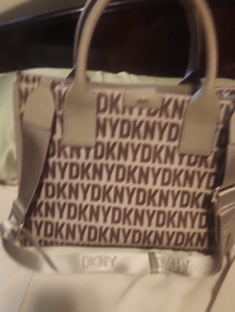 DKNY Brown Logo Canvas Satchel with Taupe Trim. Excellent Condition Worn Once.